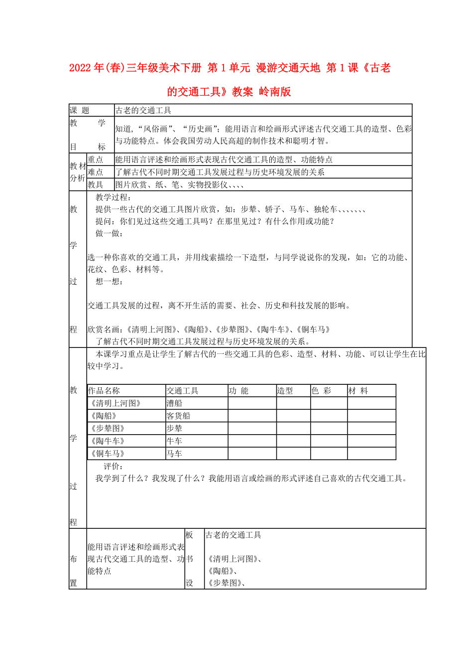 2022年(春)三年級美術(shù)下冊 第1單元 漫游交通天地 第1課《古老的交通工具》教案 嶺南版_第1頁