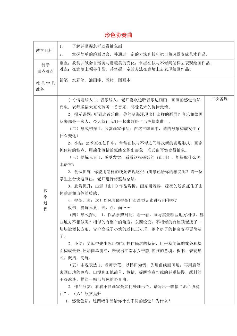 2022春六年級美術(shù)下冊 第1課《形色協(xié)奏曲》教案 湘美版_第1頁