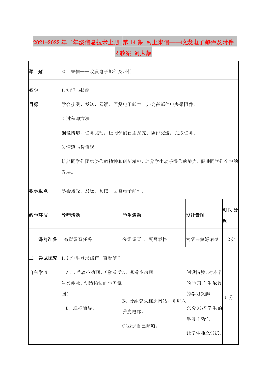 2021-2022年二年級信息技術(shù)上冊 第14課 網(wǎng)上來信——收發(fā)電子郵件及附件 2教案 河大版_第1頁