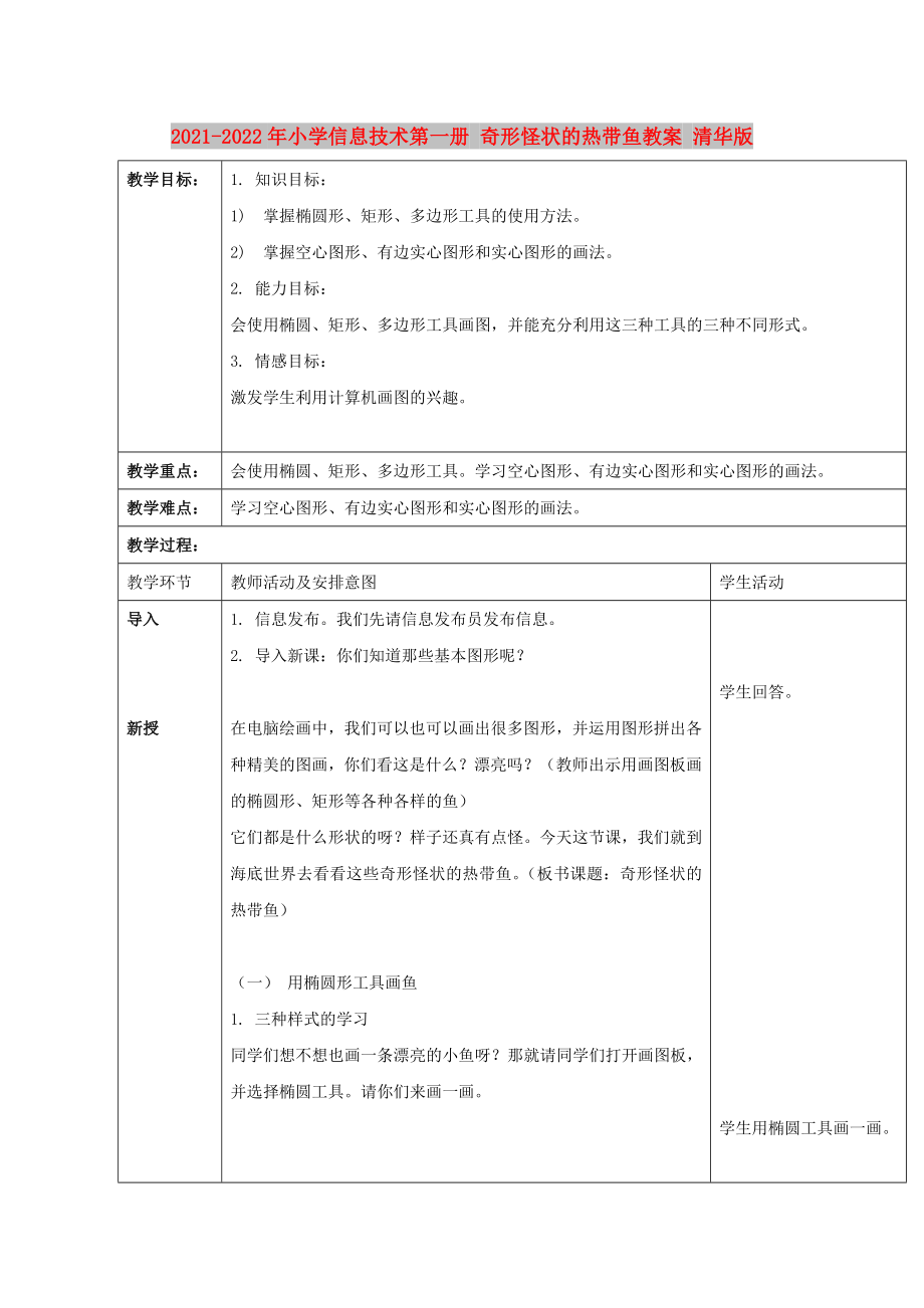 2021-2022年小學信息技術第一冊 奇形怪狀的熱帶魚教案 清華版_第1頁