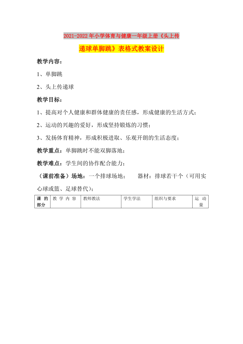 2021-2022年小學(xué)體育與健康一年級上冊《頭上傳遞球單腳跳》表格式教案設(shè)計_第1頁