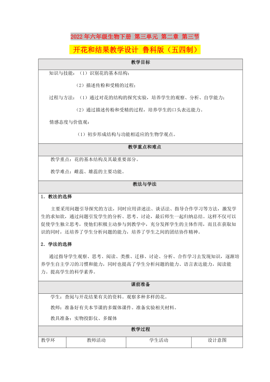 2022年六年級生物下冊 第三單元 第二章 第三節(jié) 開花和結(jié)果教學(xué)設(shè)計 魯科版（五四制）_第1頁