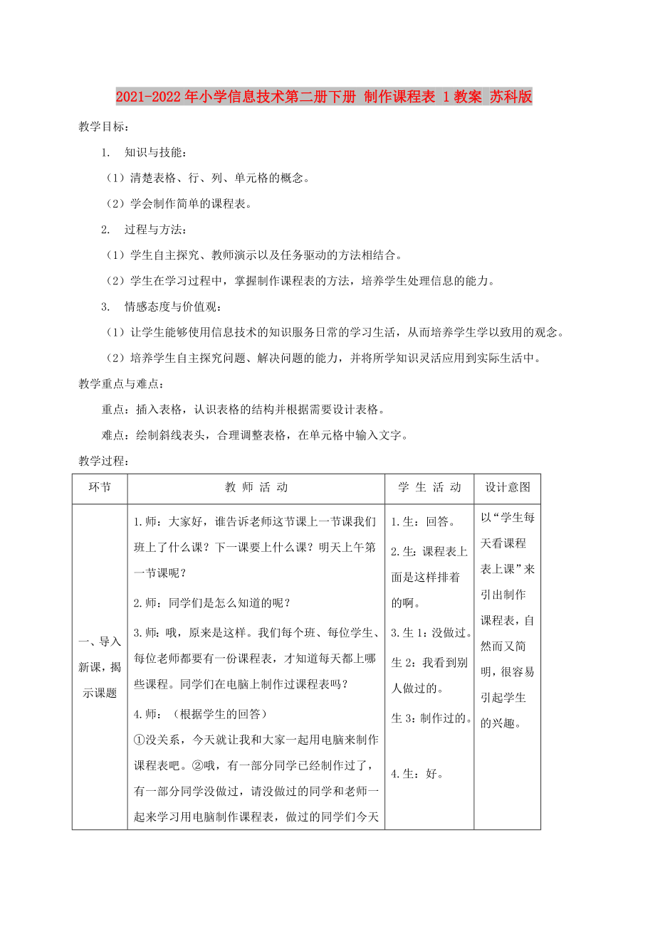 2021-2022年小学信息技术第二册下册 制作课程表 1教案 苏科版_第1页