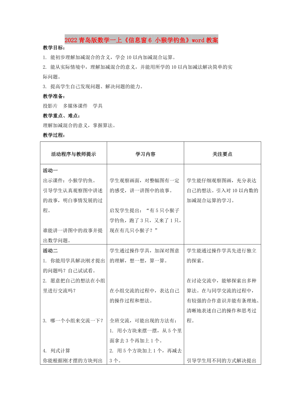 2022青島版數(shù)學(xué)一上《信息窗6 小猴學(xué)釣魚(yú)》word教案_第1頁(yè)