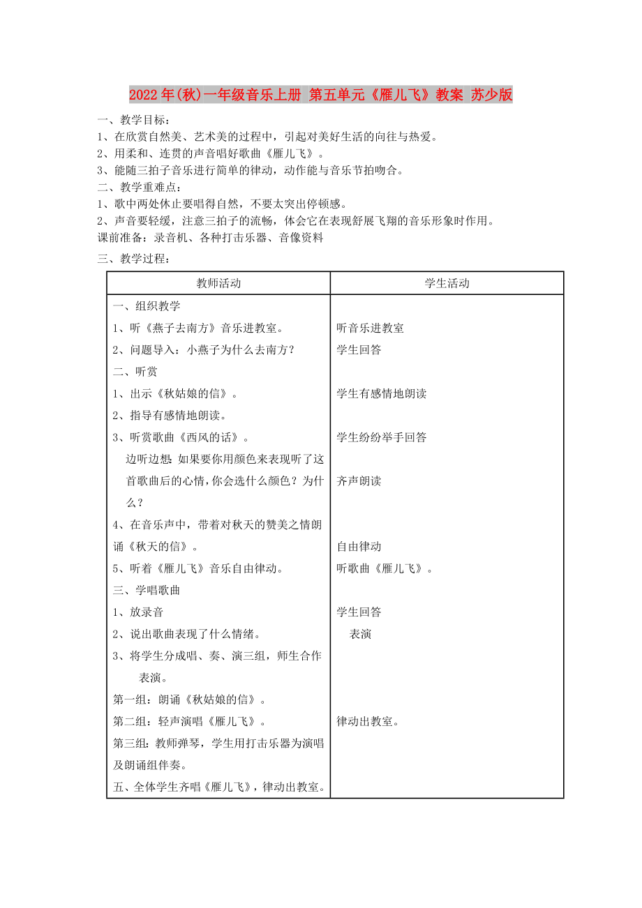 2022年(秋)一年級(jí)音樂上冊(cè) 第五單元《雁兒飛》教案 蘇少版_第1頁(yè)