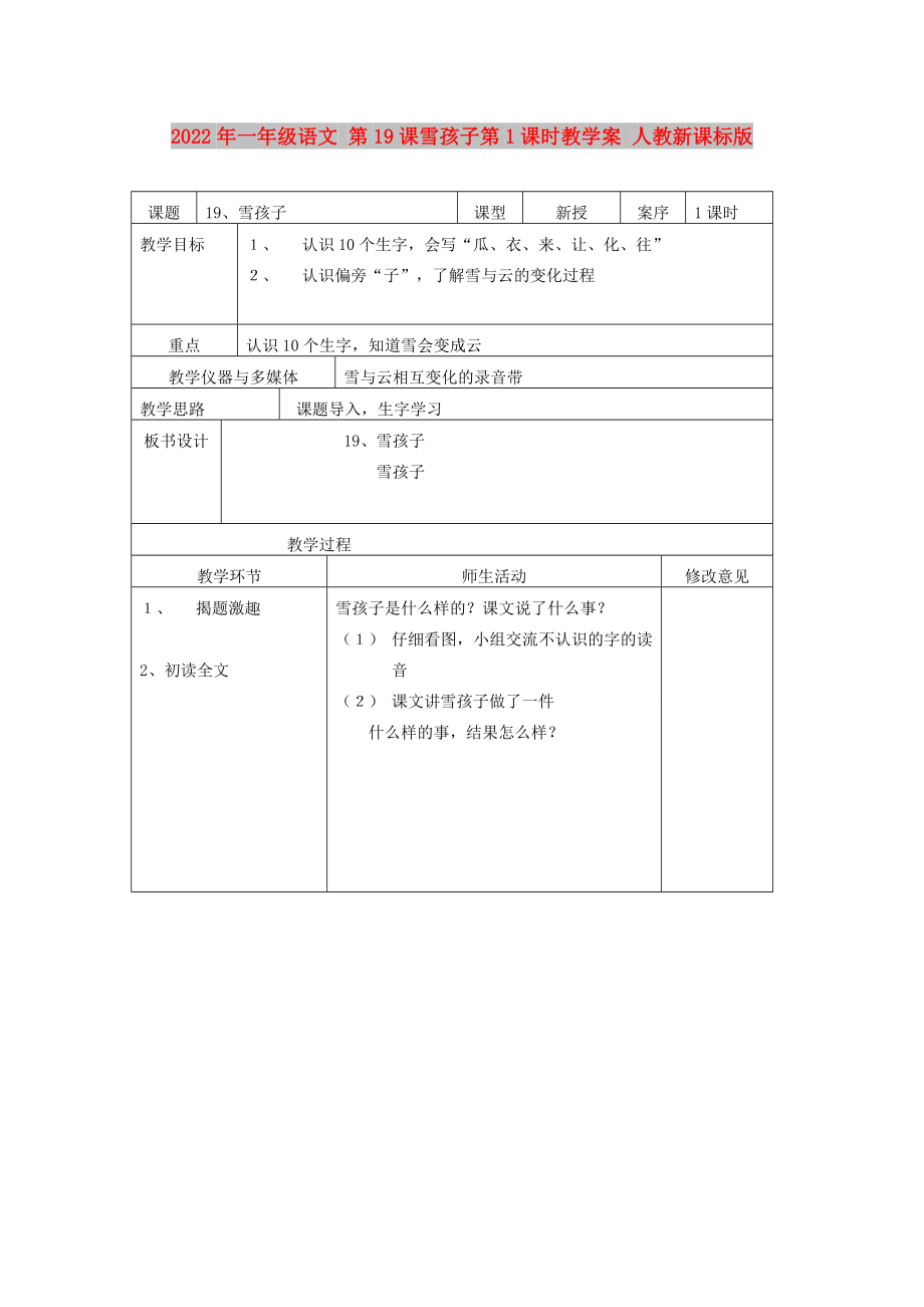 2022年一年級(jí)語文 第19課雪孩子第1課時(shí)教學(xué)案 人教新課標(biāo)版_第1頁