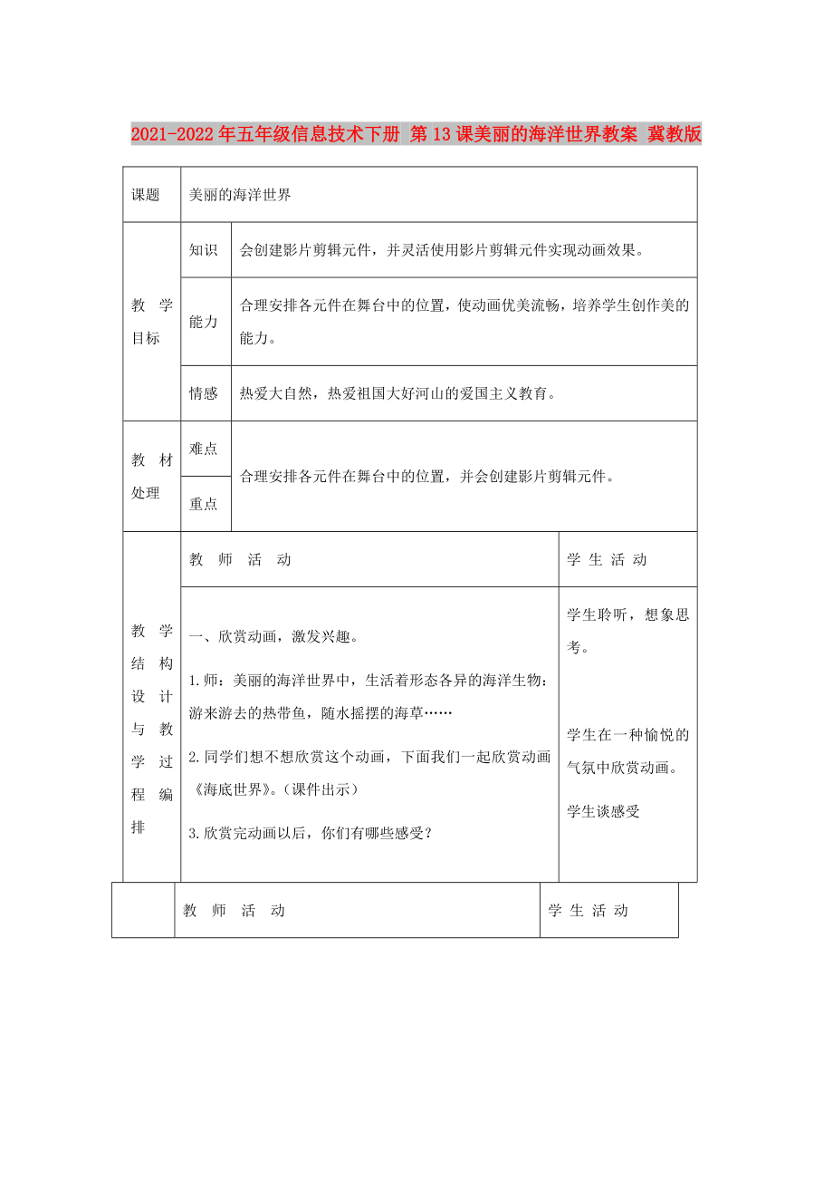 2021-2022年五年級信息技術下冊 第13課美麗的海洋世界教案 冀教版_第1頁