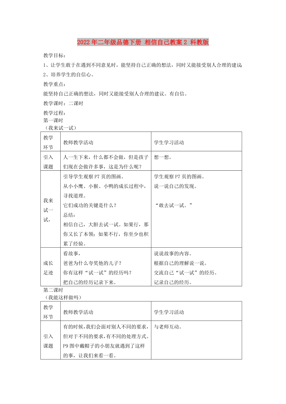 2022年二年级品德下册 相信自己教案2 科教版_第1页