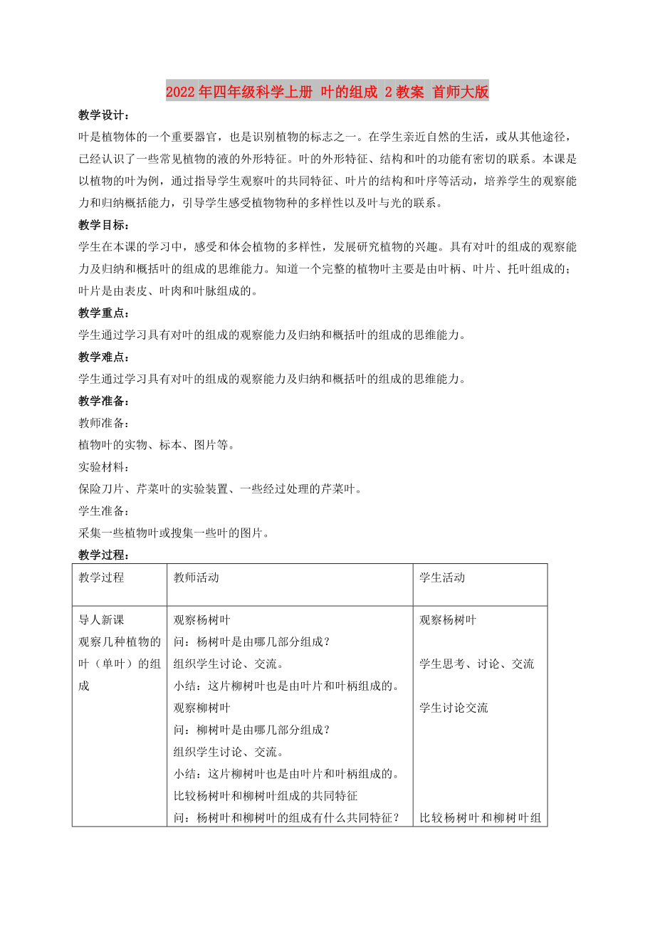 2022年四年級科學上冊 葉的組成 2教案 首師大版_第1頁