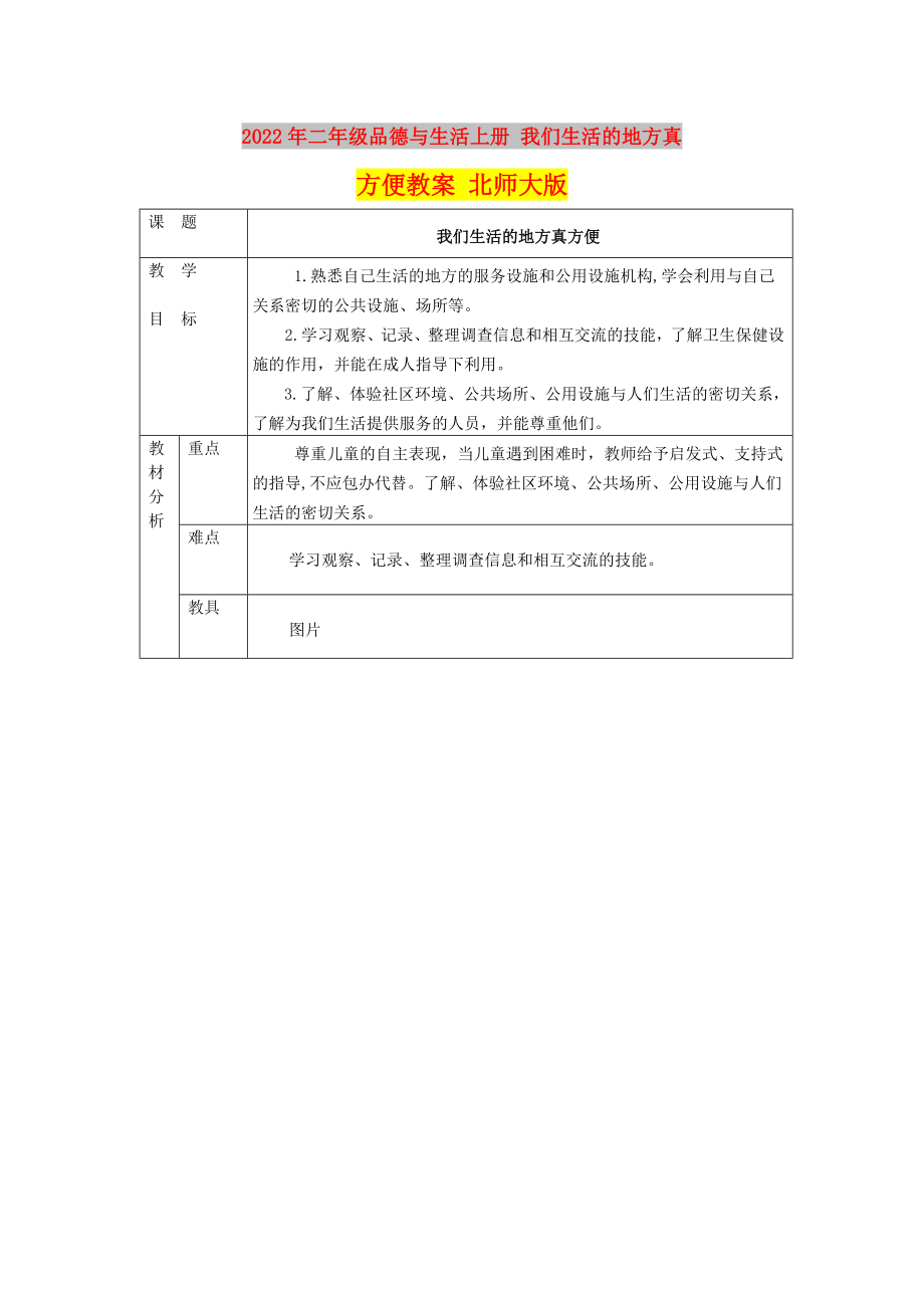 2022年二年級(jí)品德與生活上冊(cè) 我們生活的地方真方便教案 北師大版_第1頁(yè)