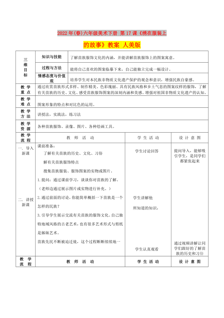 2022年(春)六年级美术下册 第17课《绣在服装上的故事》教案 人美版_第1页