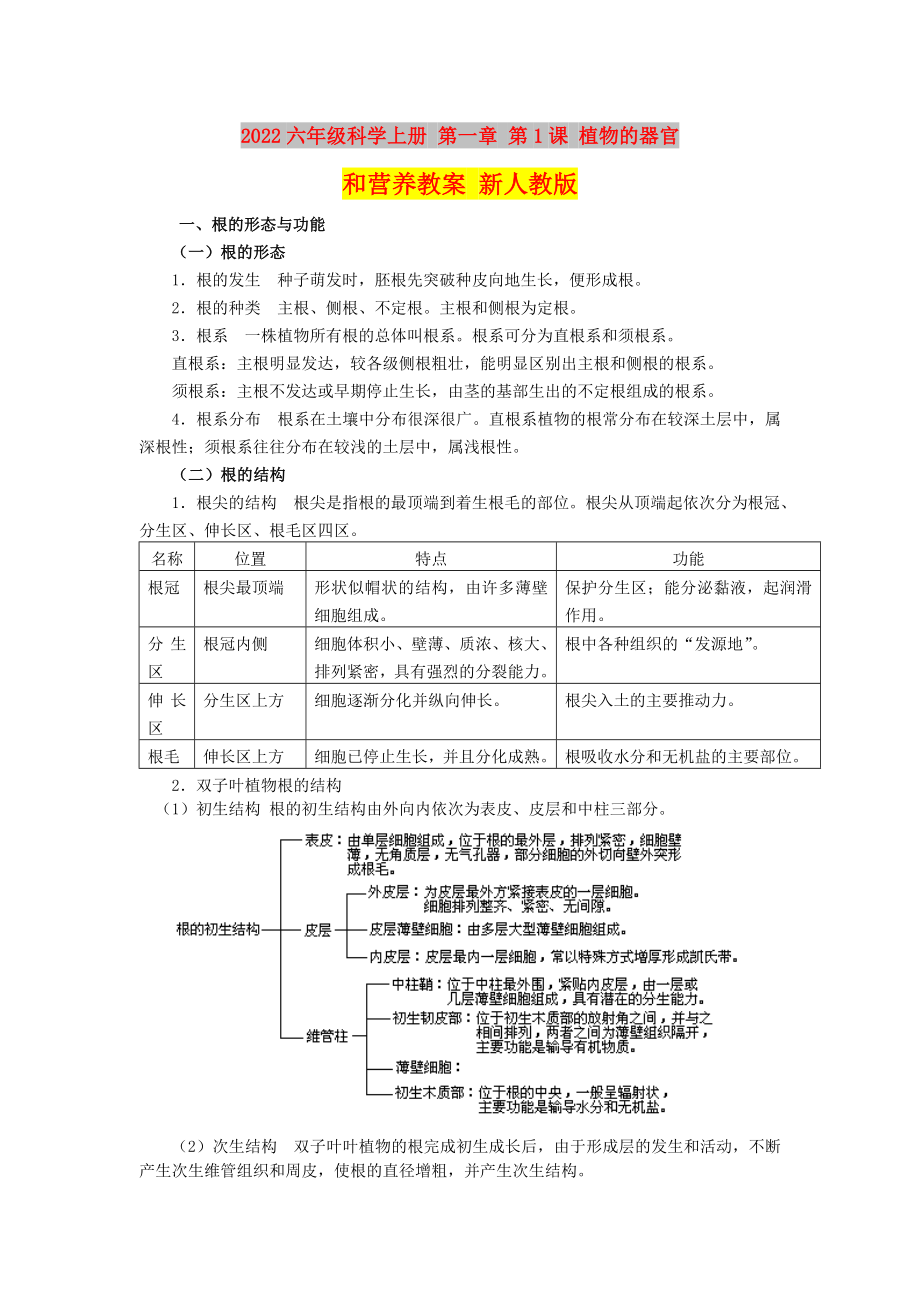 2022六年級(jí)科學(xué)上冊(cè) 第一章 第1課 植物的器官和營(yíng)養(yǎng)教案 新人教版_第1頁(yè)