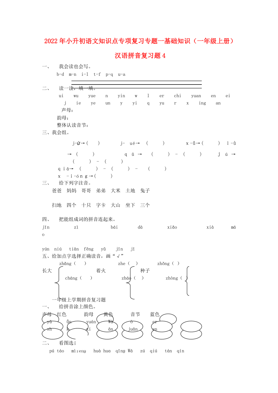 2022年小升初語文知識(shí)點(diǎn)專項(xiàng)復(fù)習(xí) 專題一 基礎(chǔ)知識(shí) （一年級(jí)上冊(cè)）漢語拼音復(fù)習(xí)題4_第1頁