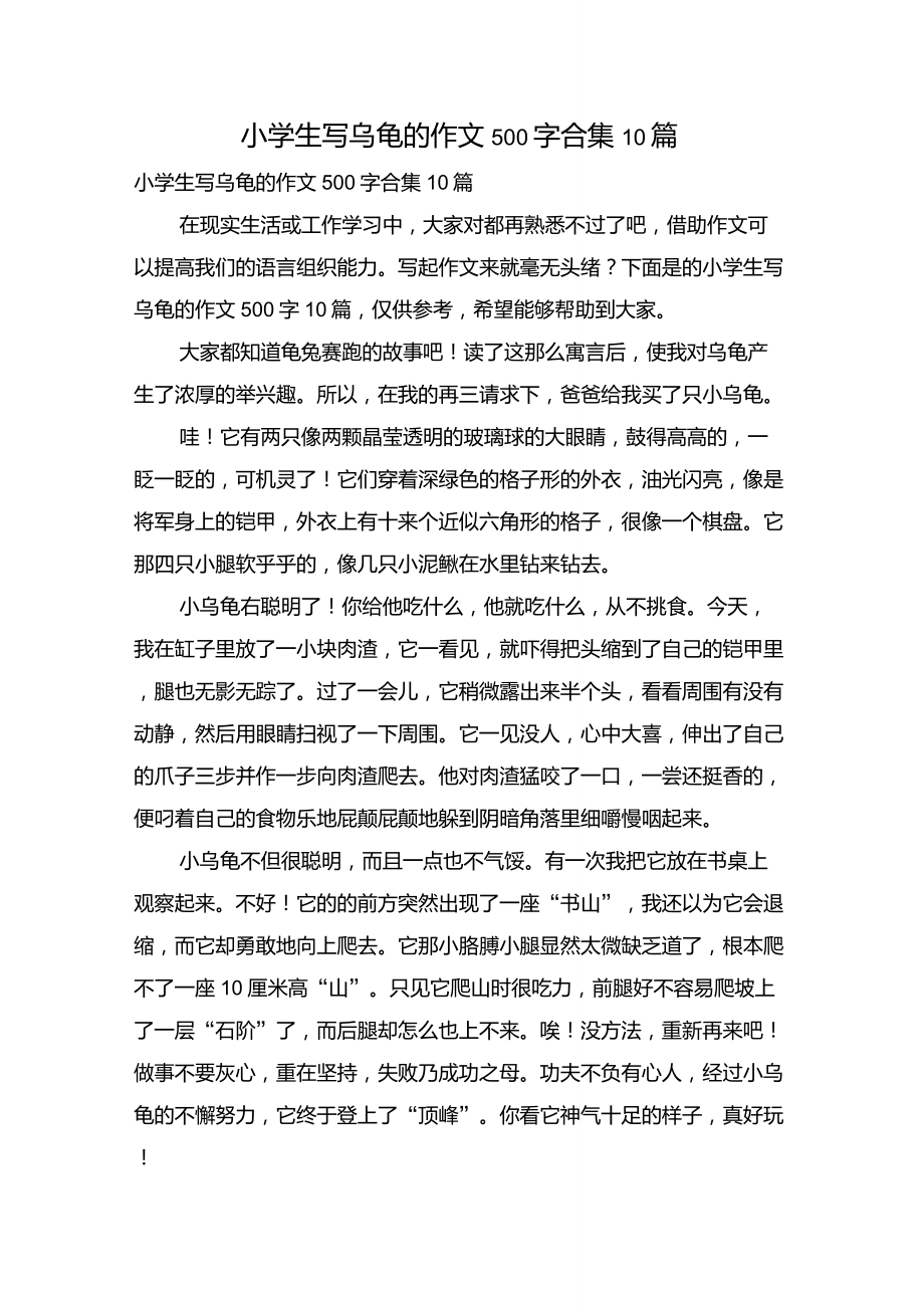 小学生写乌龟的作文500字合集10篇_第1页