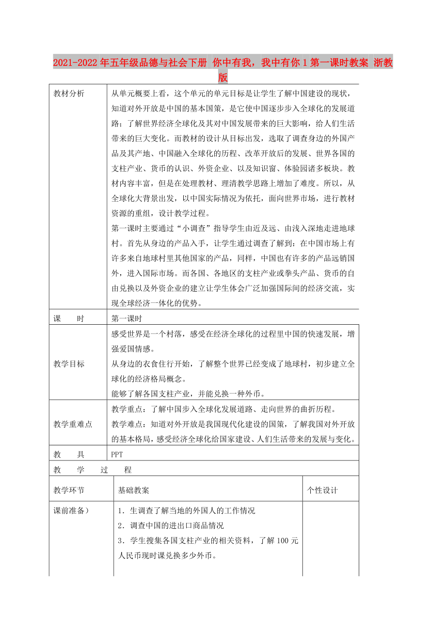 2021-2022年五年級品德與社會下冊 你中有我我中有你1第一課時教案 浙教版_第1頁