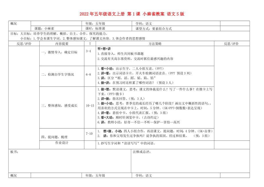 2022年五年級(jí)語(yǔ)文上冊(cè) 第1課 小麻雀教案 語(yǔ)文S版_第1頁(yè)