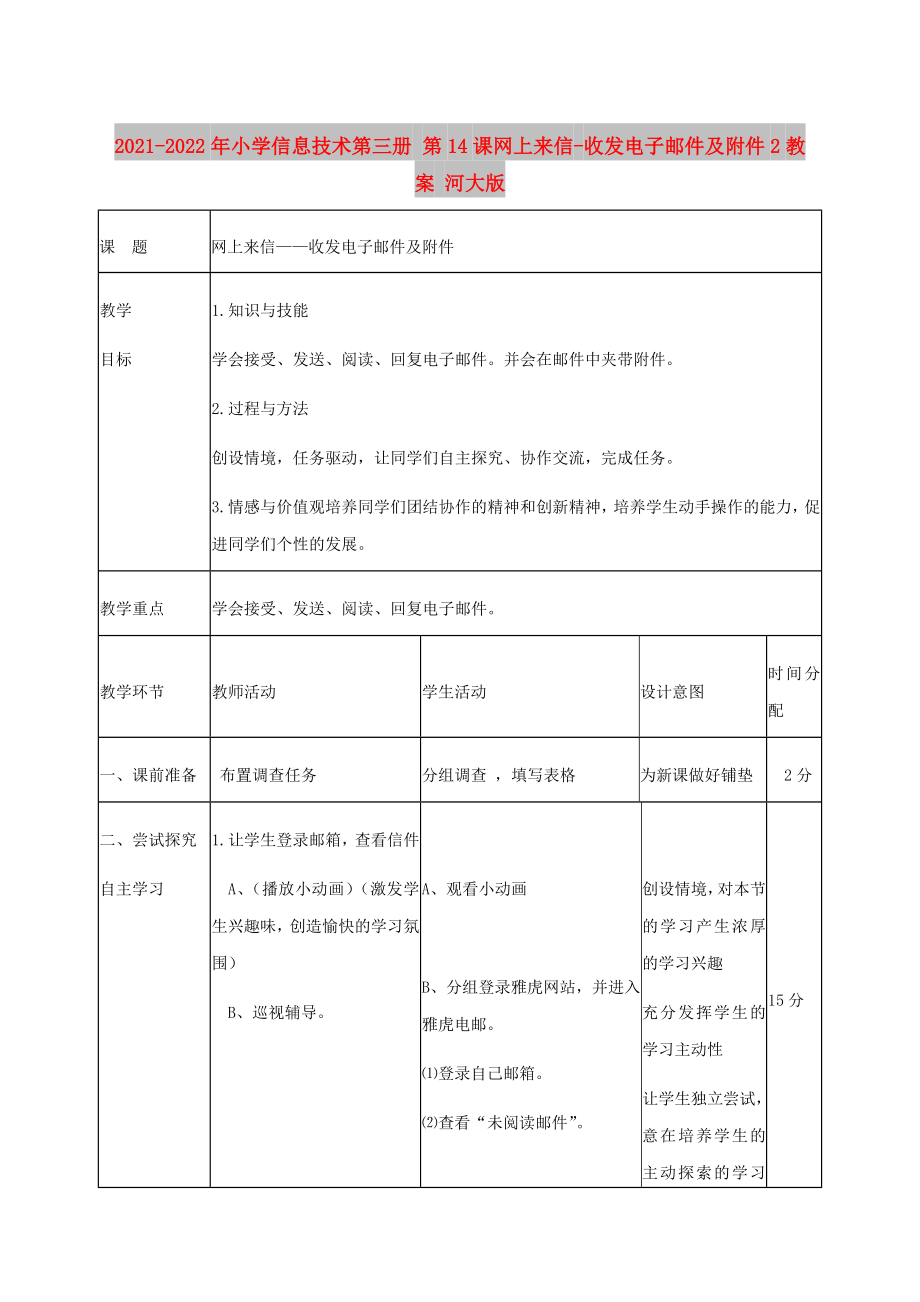 2021-2022年小學信息技術(shù)第三冊 第14課網(wǎng)上來信-收發(fā)電子郵件及附件2教案 河大版_第1頁