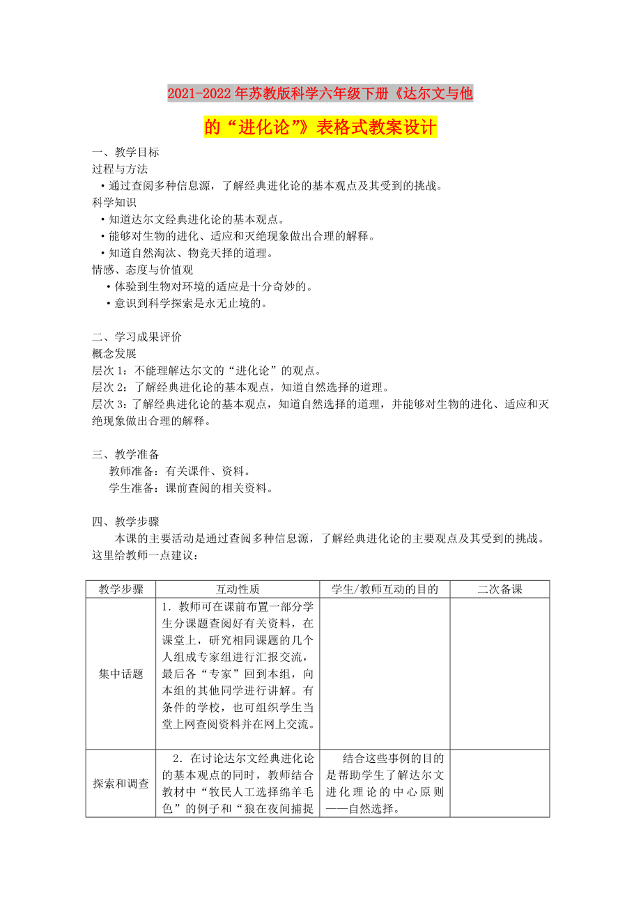 2021-2022年蘇教版科學(xué)六年級下冊《達(dá)爾文與他的“進(jìn)化論”》表格式教案設(shè)計_第1頁