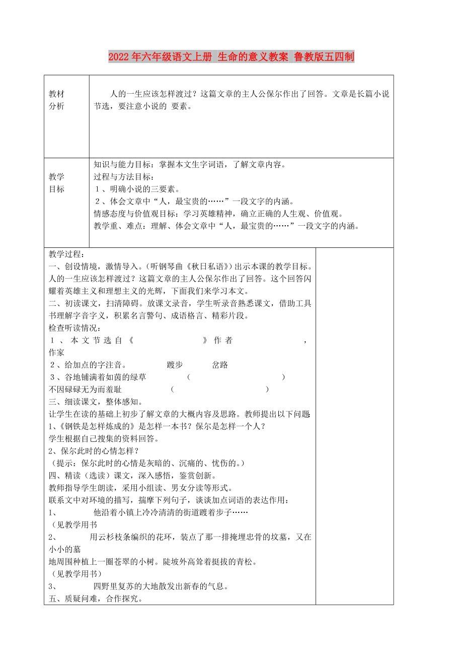 2022年六年级语文上册 生命的意义教案 鲁教版五四制_第1页