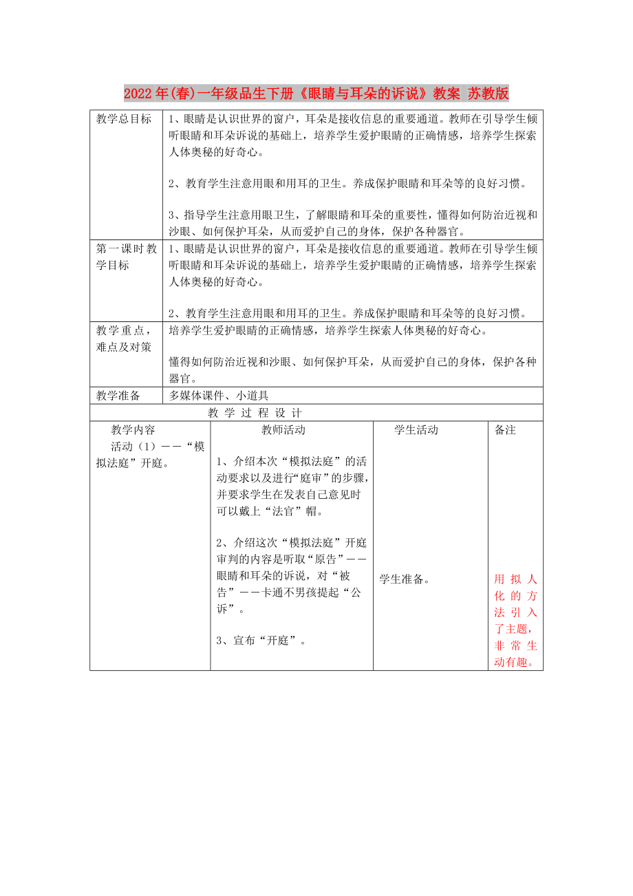 2022年(春)一年級品生下冊《眼睛與耳朵的訴說》教案 蘇教版_第1頁