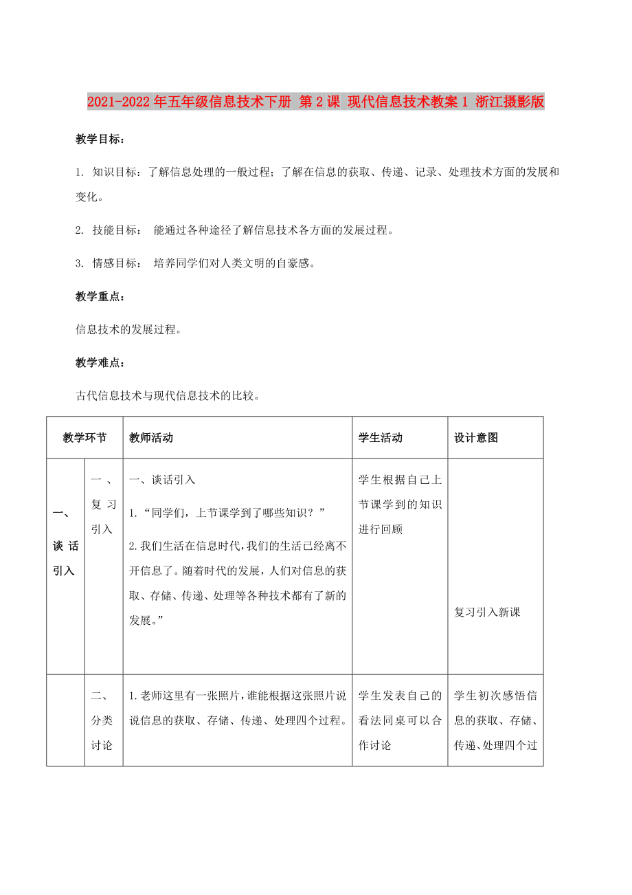 2021-2022年五年級(jí)信息技術(shù)下冊(cè) 第2課 現(xiàn)代信息技術(shù)教案1 浙江攝影版_第1頁(yè)