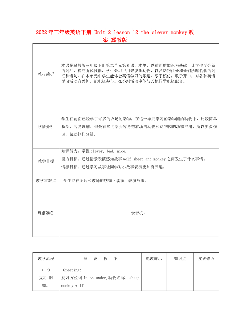 2022年三年级英语下册 Unit 2 lesson 12 the clever monkey教案 冀教版_第1页