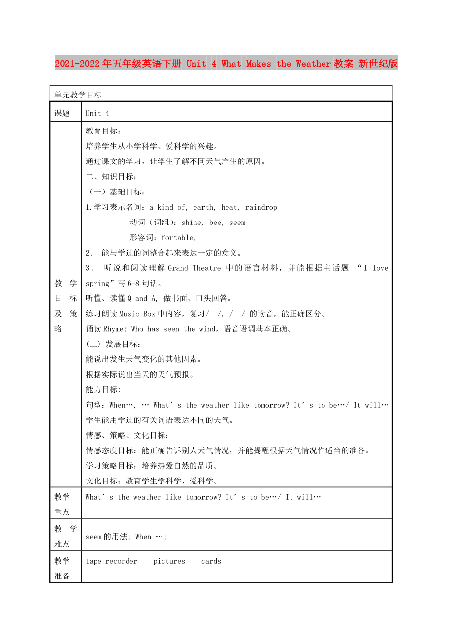 2021-2022年五年級(jí)英語(yǔ)下冊(cè) Unit 4 What Makes the Weather教案 新世紀(jì)版_第1頁(yè)