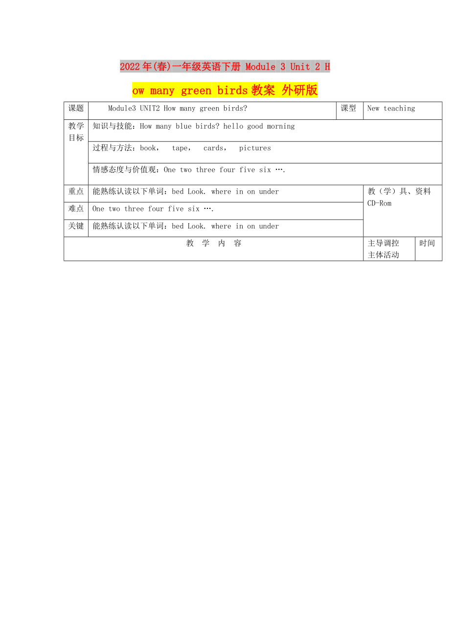 2022年(春)一年級英語下冊 Module 3 Unit 2 How many green birds教案 外研版_第1頁