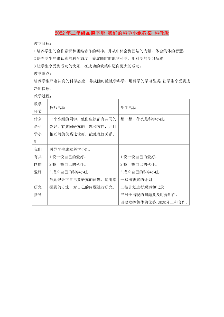 2022年二年級品德下冊 我們的科學(xué)小組教案 科教版_第1頁