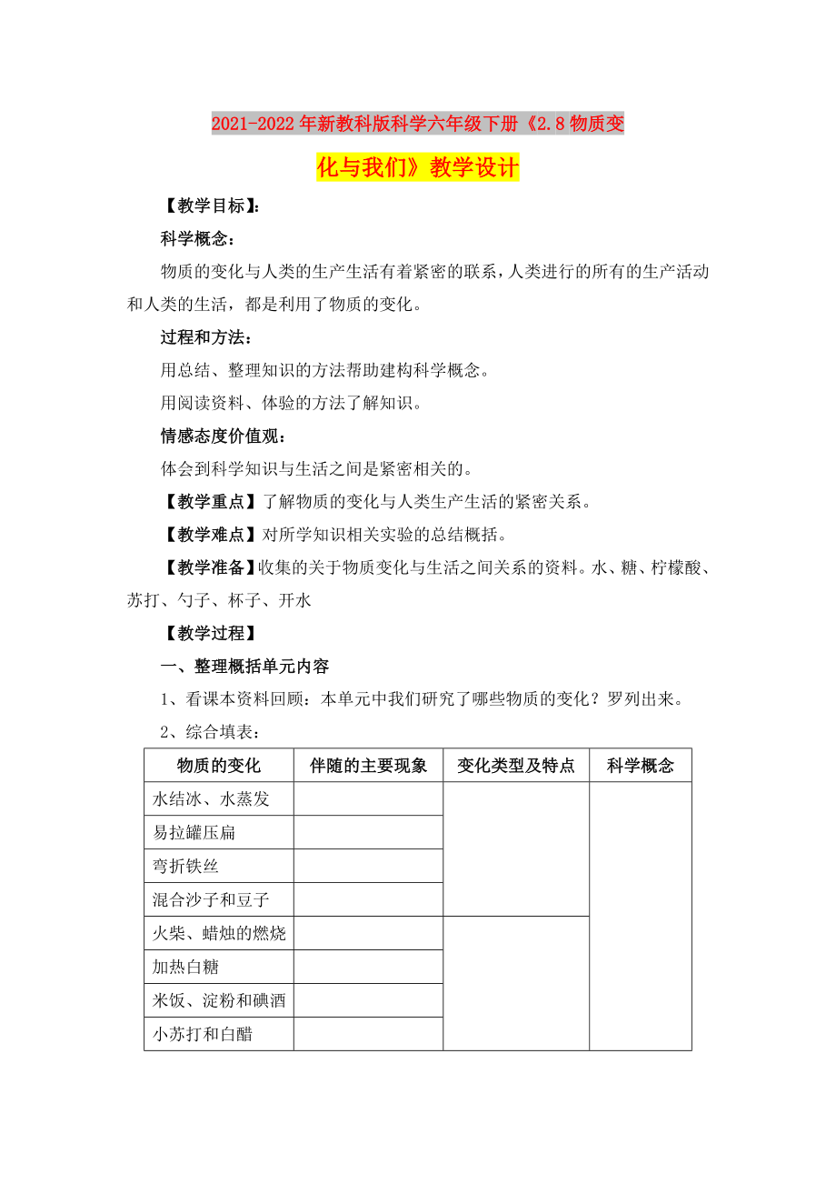 2021-2022年新教科版科學(xué)六年級(jí)下冊(cè)《2.8物質(zhì)變化與我們》教學(xué)設(shè)計(jì)_第1頁