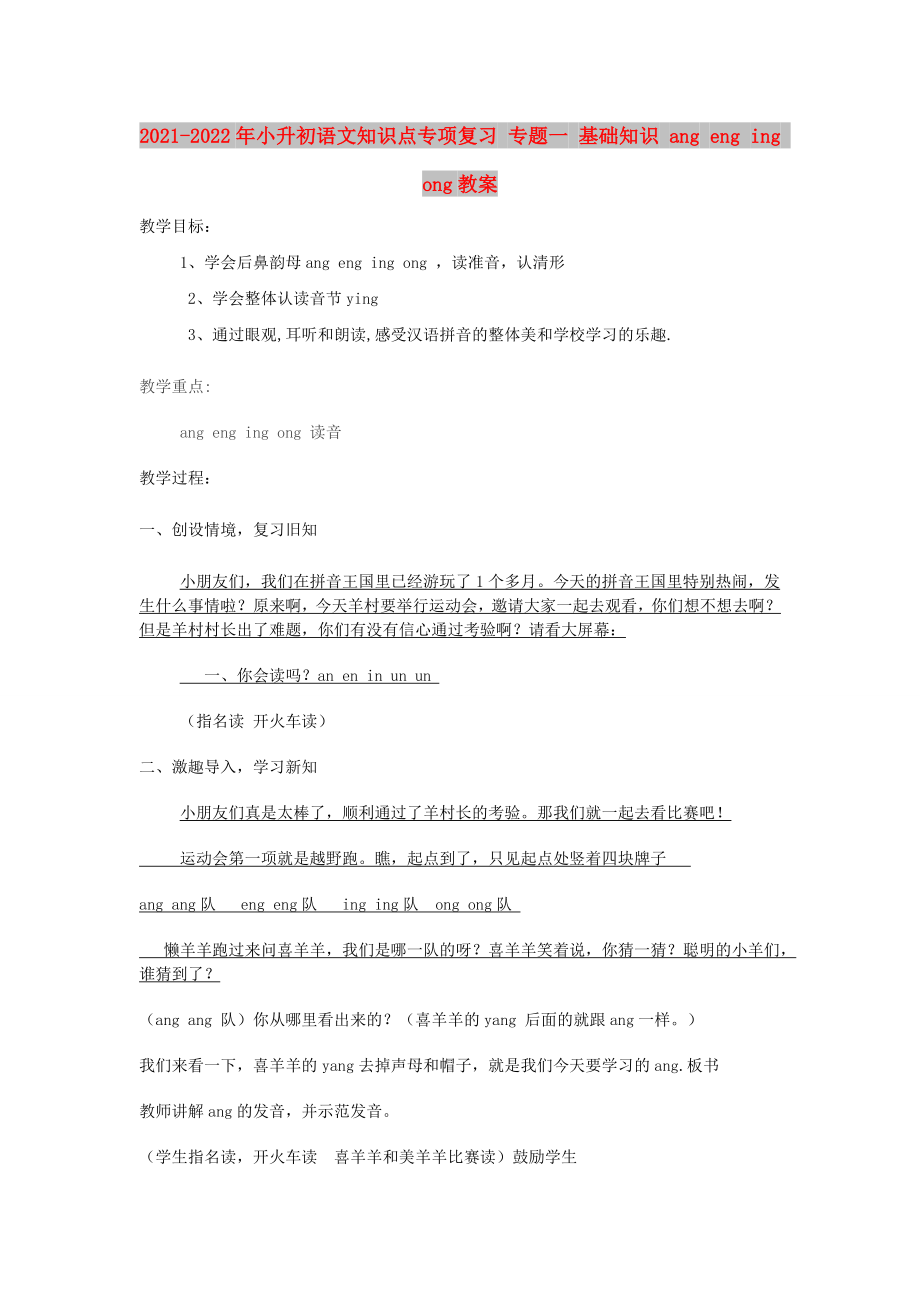 2021-2022年小升初語文知識(shí)點(diǎn)專項(xiàng)復(fù)習(xí) 專題一 基礎(chǔ)知識(shí) ang eng ing ong教案_第1頁