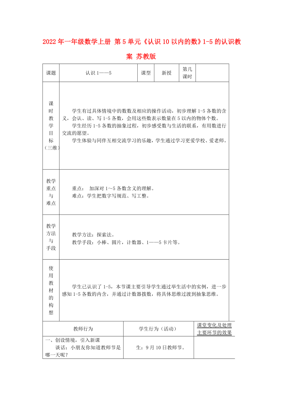 2022年一年級(jí)數(shù)學(xué)上冊(cè) 第5單元《認(rèn)識(shí)10以內(nèi)的數(shù)》1-5的認(rèn)識(shí)教案 蘇教版_第1頁(yè)