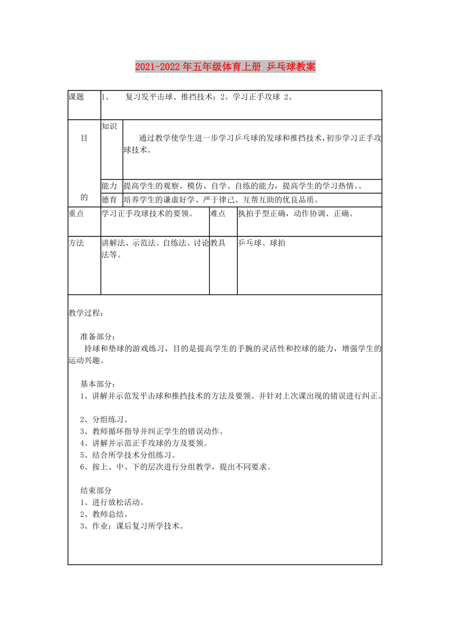 2021-2022年五年級體育上冊 乒乓球教案_第1頁