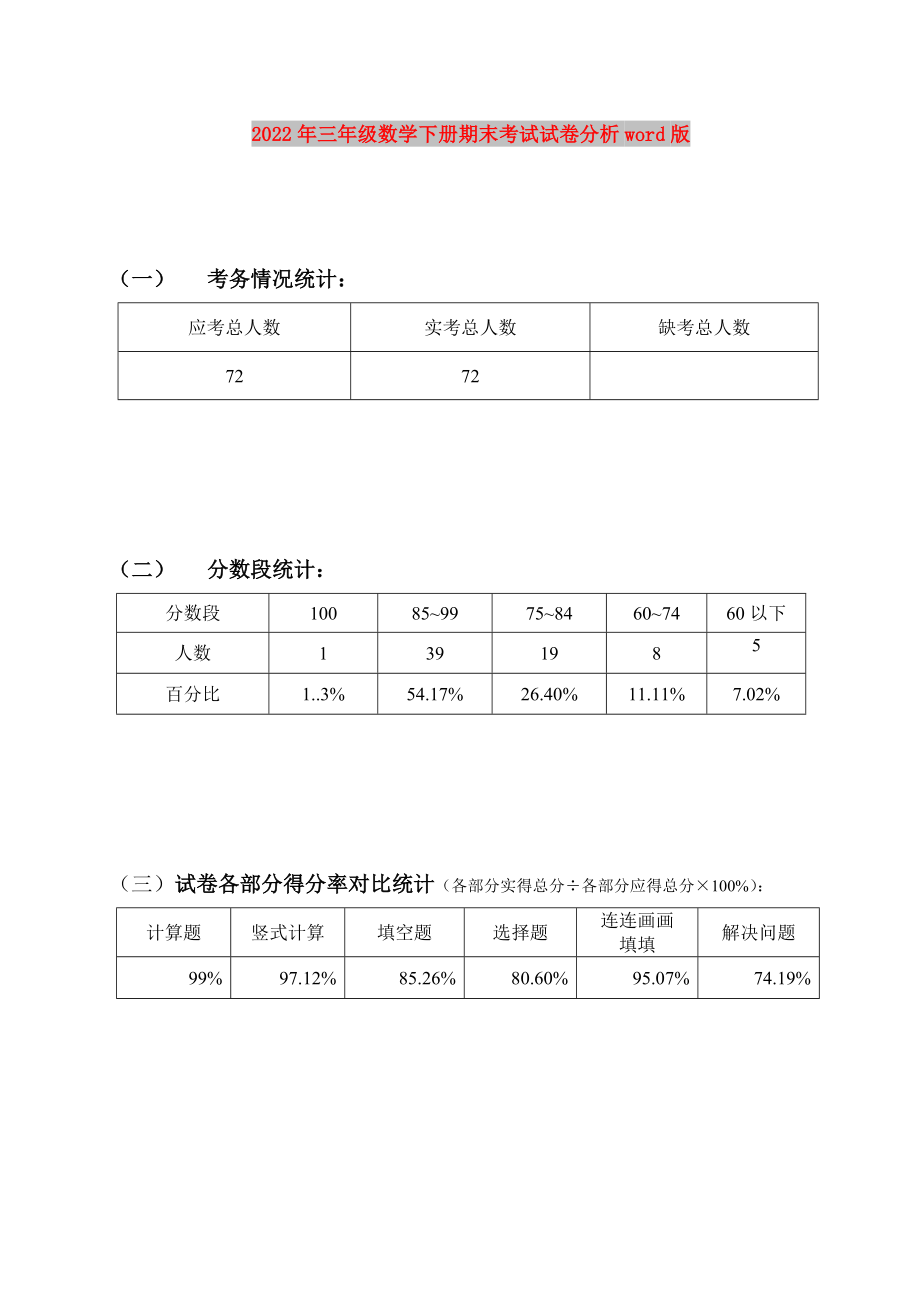 2022年三年级数学下册期末考试试卷分析word版_第1页