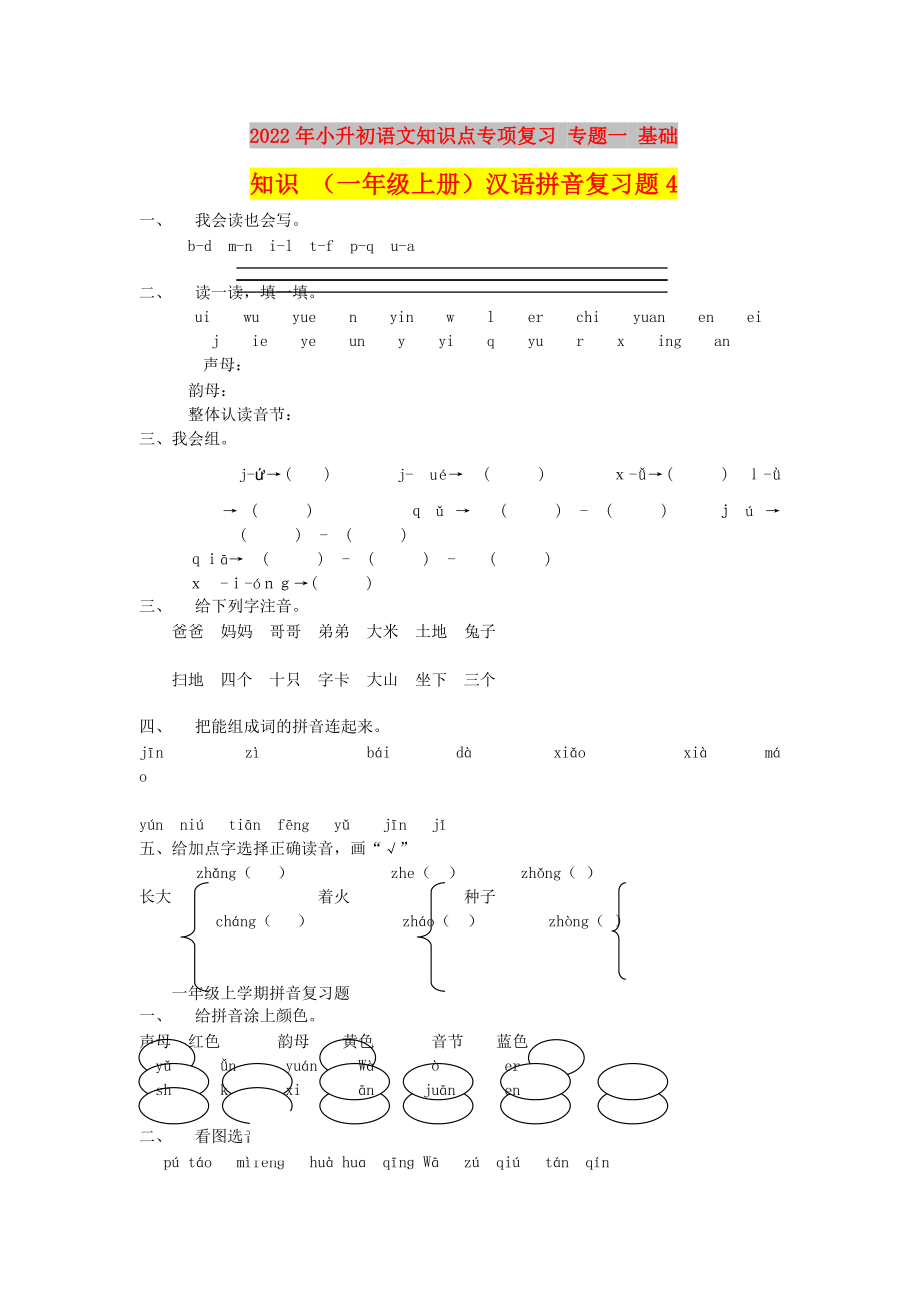 2022年小升初語文知識點專項復習 專題一 基礎知識 （一年級上冊）漢語拼音復習題4_第1頁