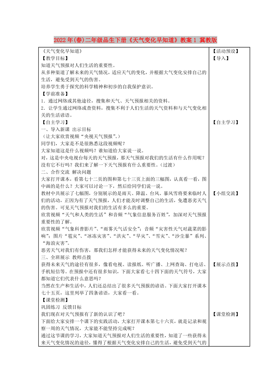 2022年(春)二年級品生下冊《天氣變化早知道》教案1 冀教版_第1頁