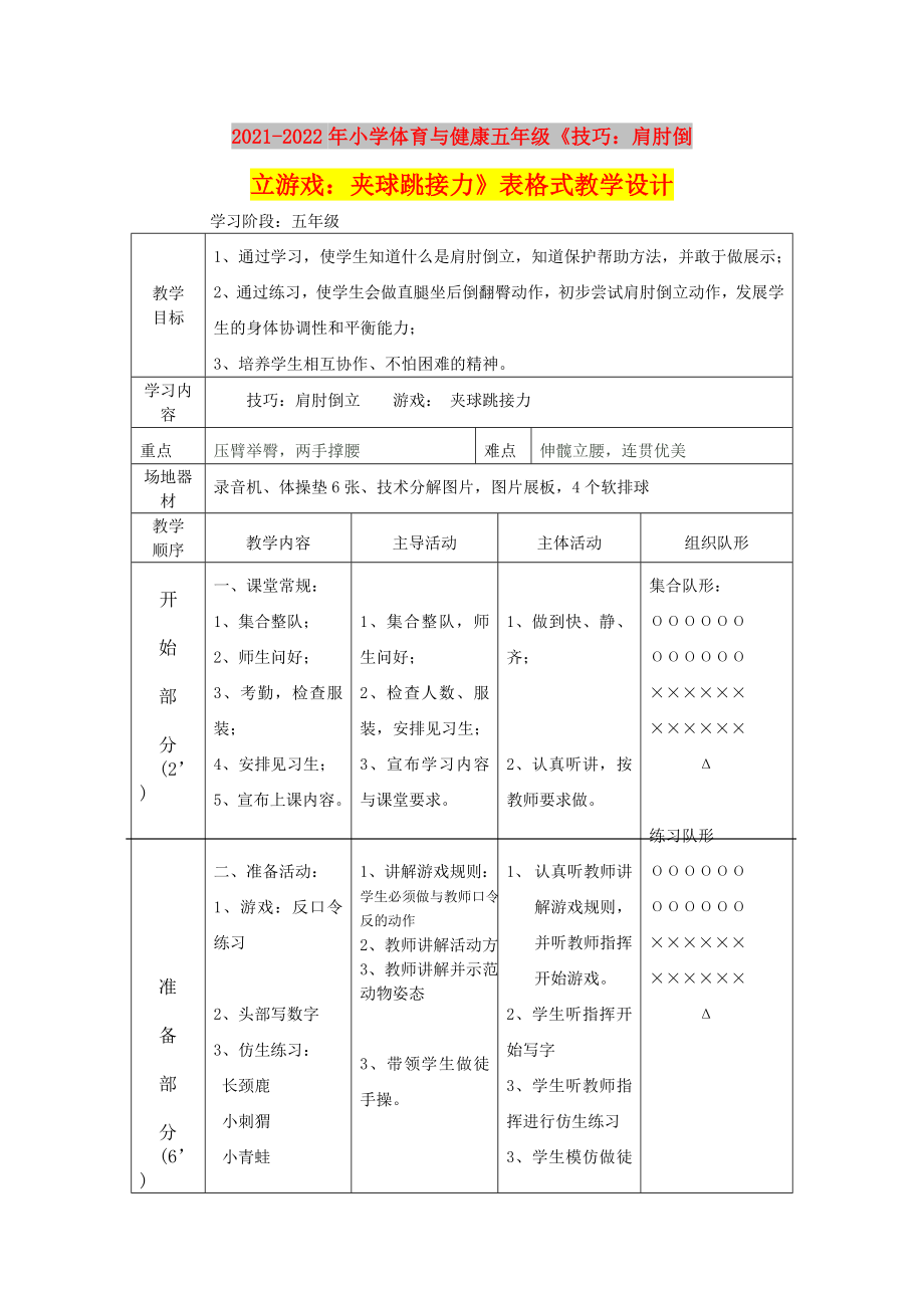 2021-2022年小學(xué)體育與健康五年級(jí)《技巧：肩肘倒立游戲：夾球跳接力》表格式教學(xué)設(shè)計(jì)_第1頁(yè)