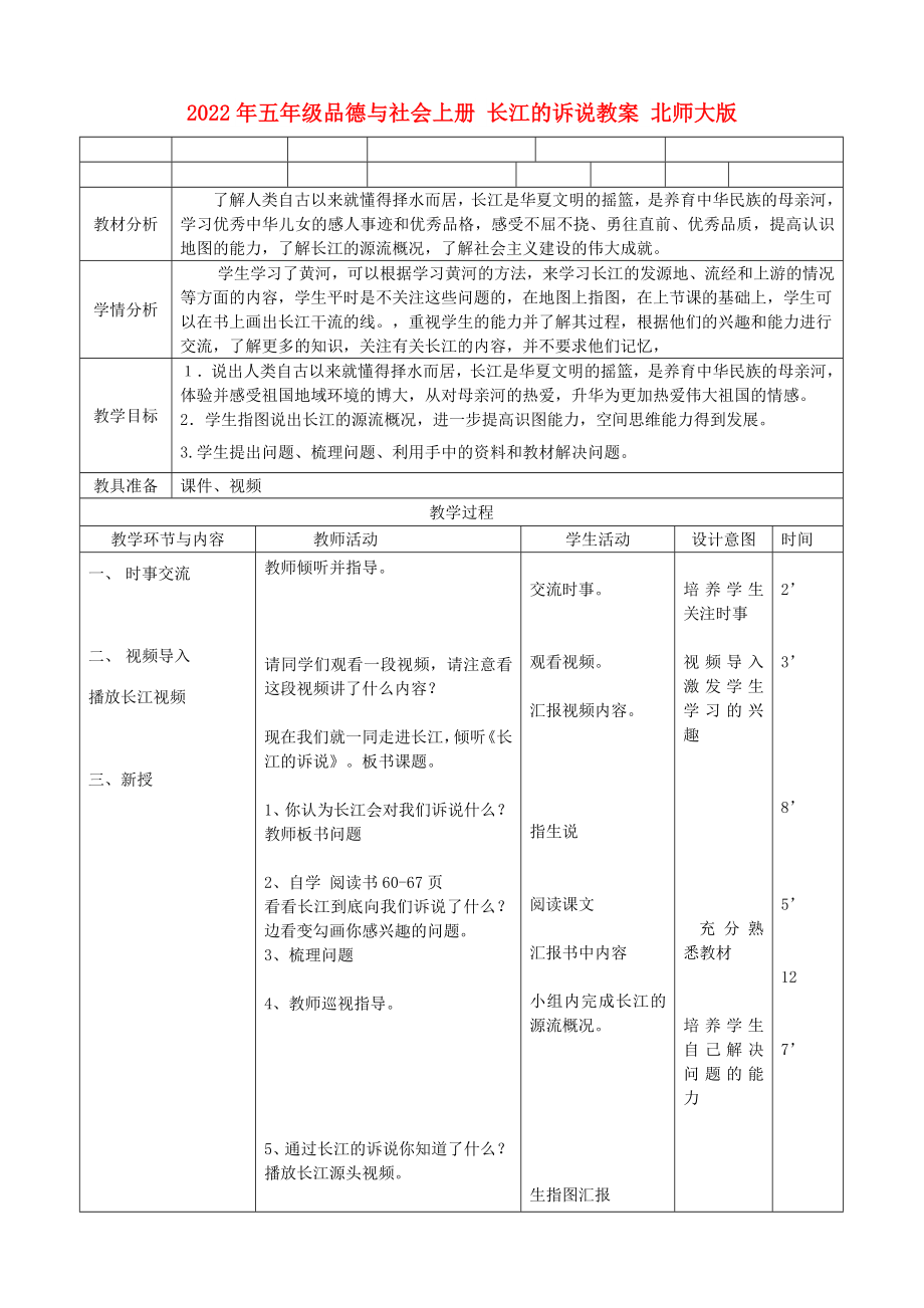 2022年五年级品德与社会上册 长江的诉说教案 北师大版_第1页