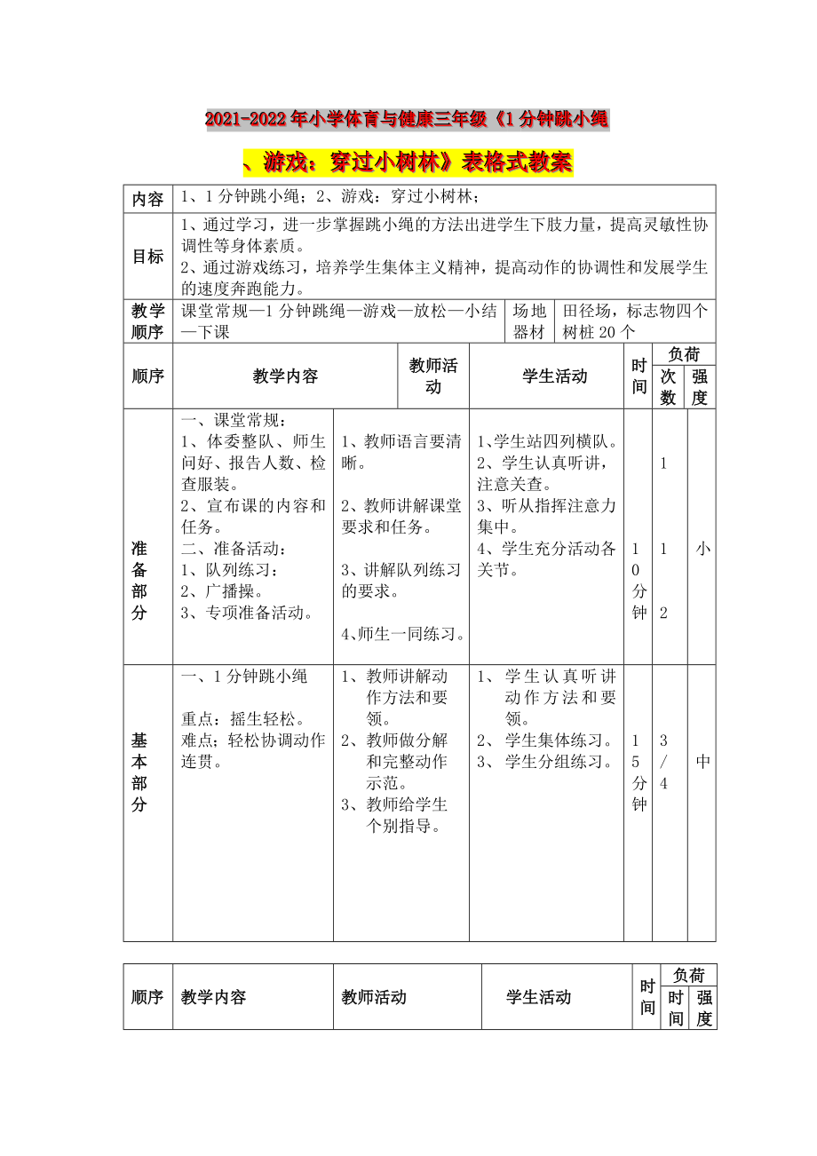 2021-2022年小学体育与健康三年级《1分钟跳小绳、游戏：穿过小树林》表格式教案_第1页