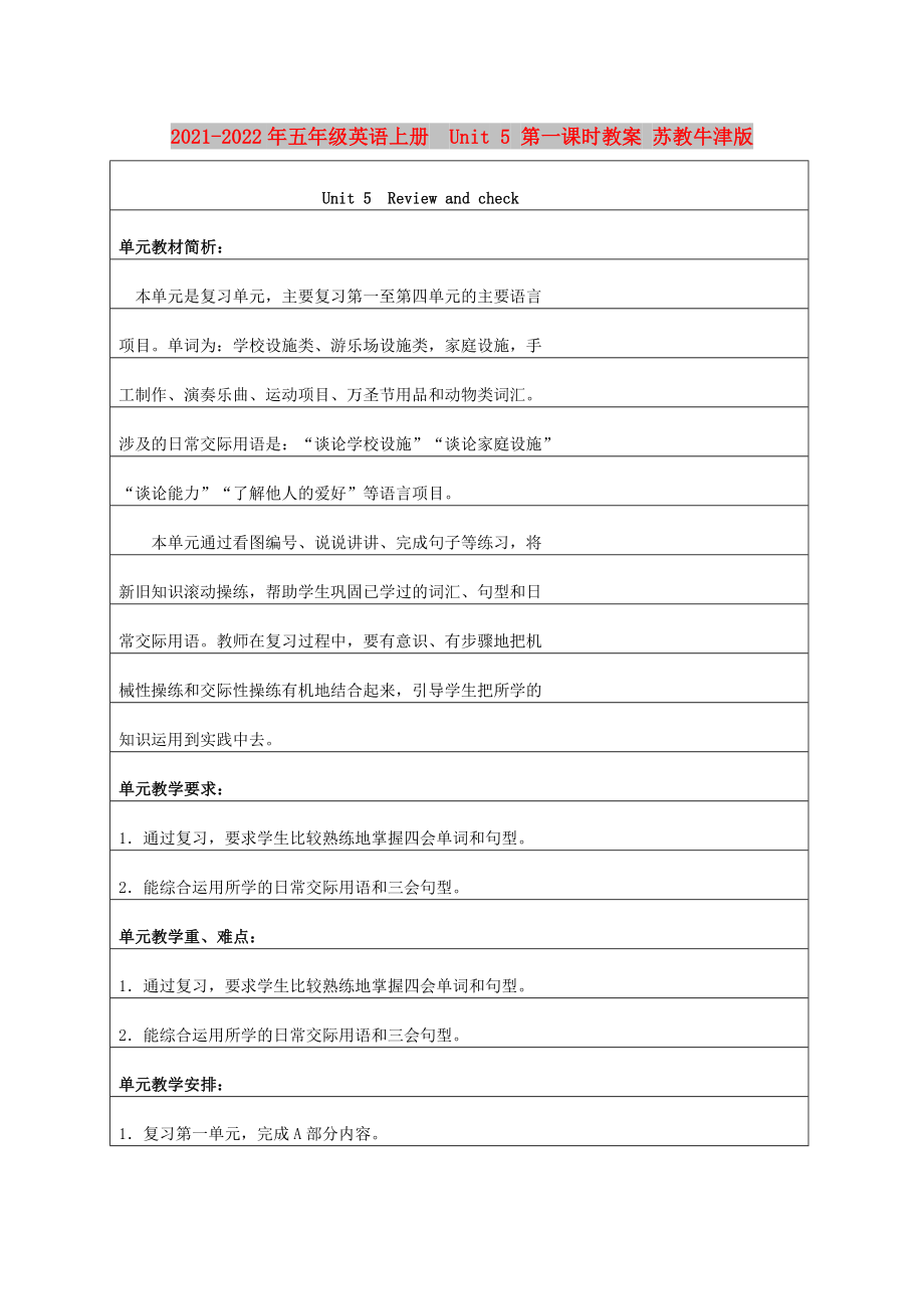 2021-2022年五年級英語上冊Unit 5 第一課時(shí)教案 蘇教牛津版_第1頁