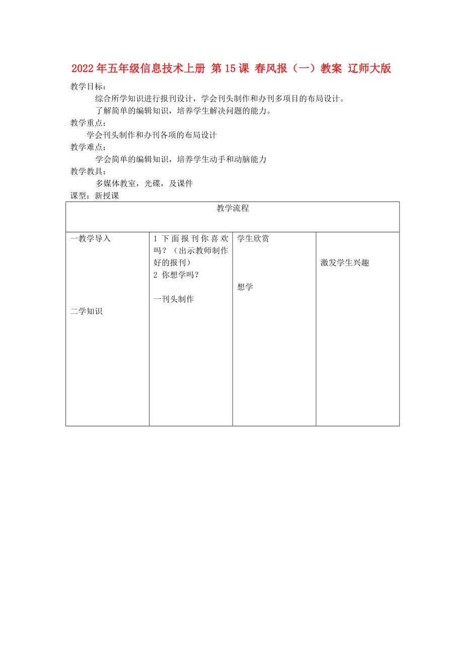 2022年五年級信息技術上冊 第15課 春風報（一）教案 遼師大版_第1頁