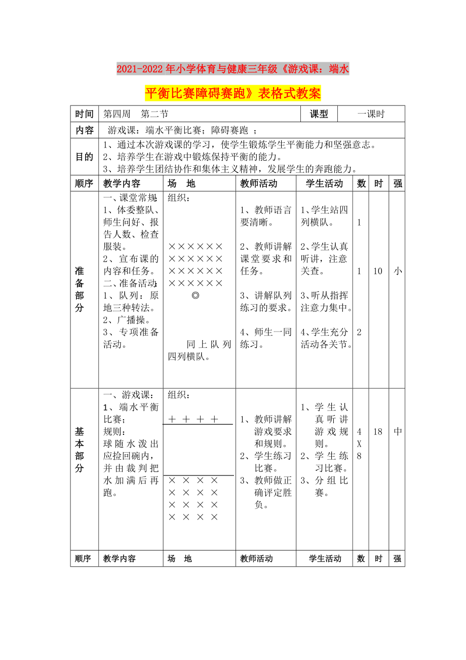 2021-2022年小學(xué)體育與健康三年級(jí)《游戲課：端水平衡比賽障礙賽跑》表格式教案_第1頁(yè)