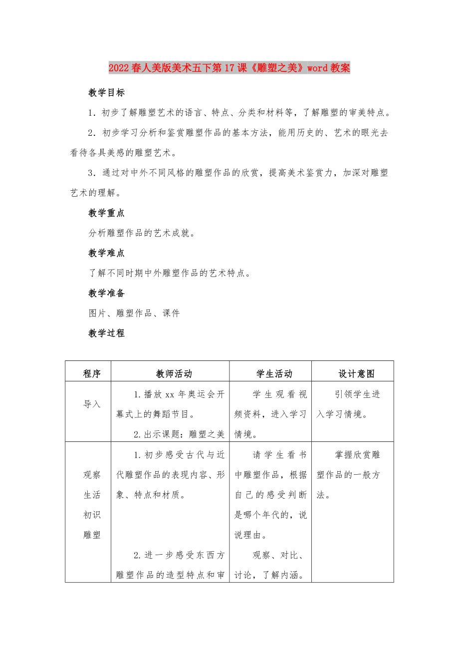 2022春人美版美術(shù)五下第17課《雕塑之美》word教案_第1頁