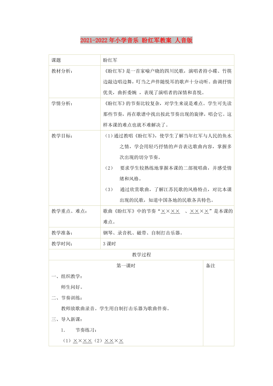 2021-2022年小学音乐 盼红军教案 人音版_第1页