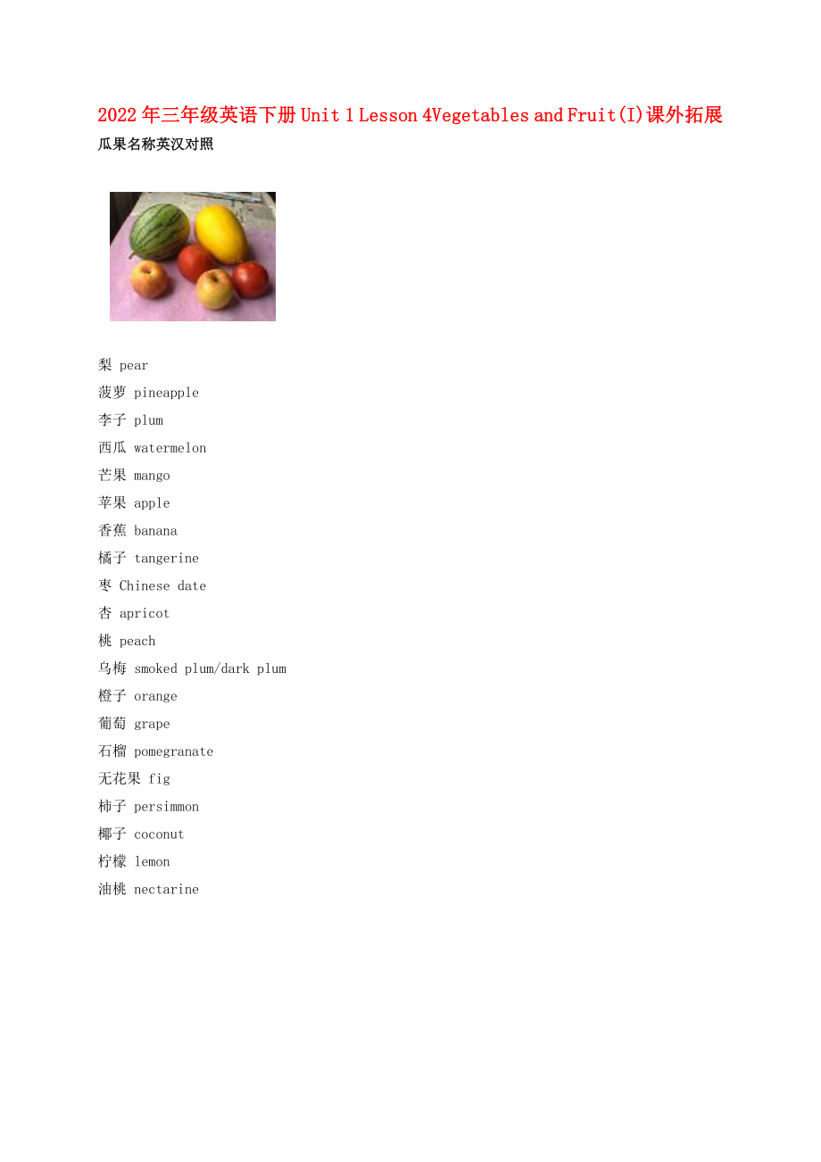 2022年三年級(jí)英語(yǔ)下冊(cè) Unit 1 Lesson 4Vegetables and Fruit(I)課外拓展_第1頁(yè)