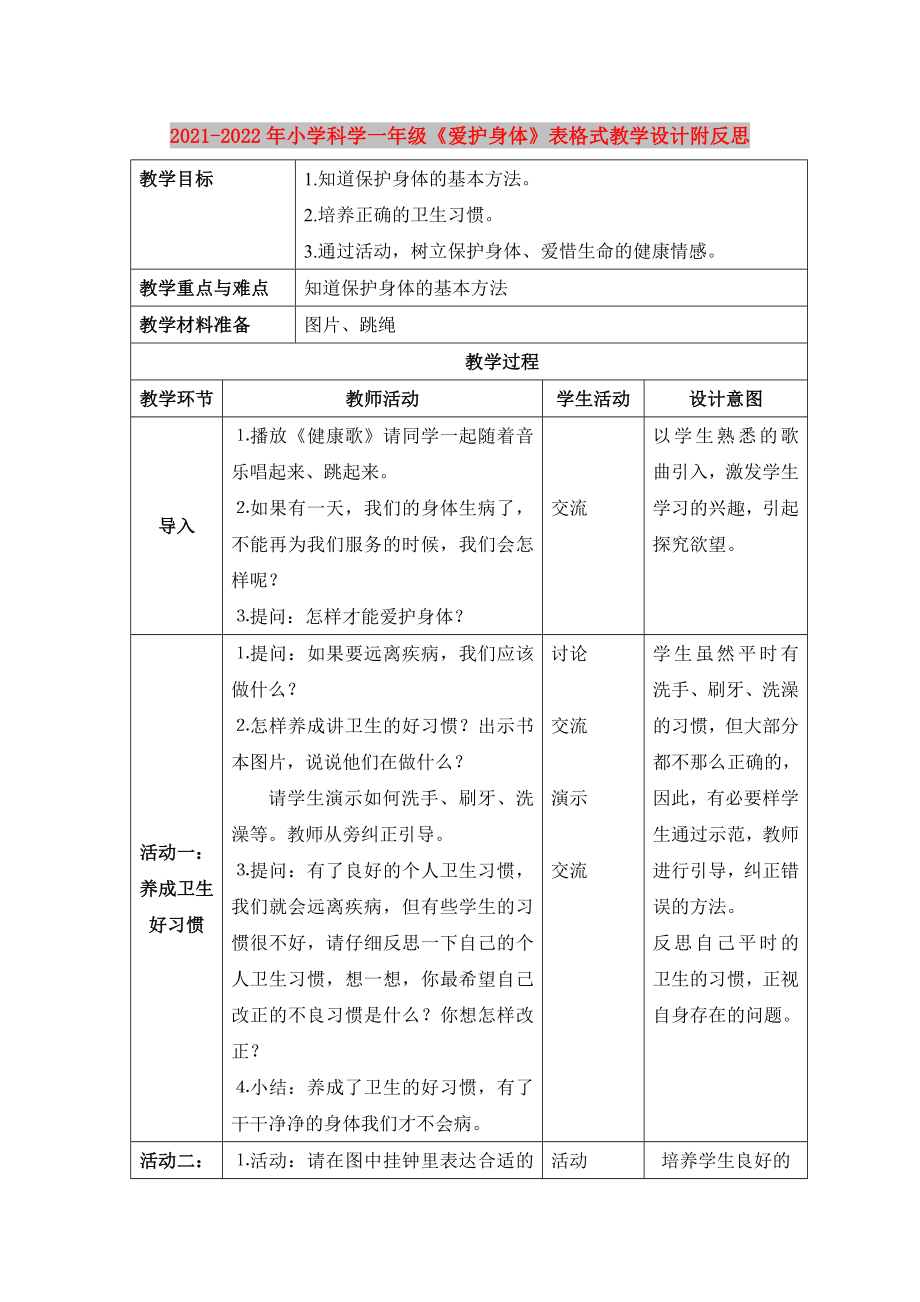 2021-2022年小學(xué)科學(xué)一年級(jí)《愛(ài)護(hù)身體》表格式教學(xué)設(shè)計(jì)附反思_第1頁(yè)