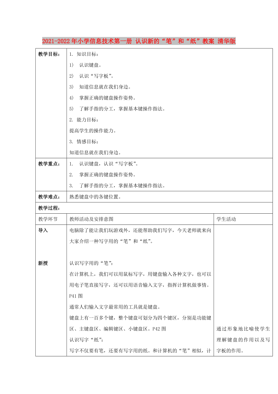 2021-2022年小學(xué)信息技術(shù)第一冊 認識新的“筆”和“紙”教案 清華版_第1頁