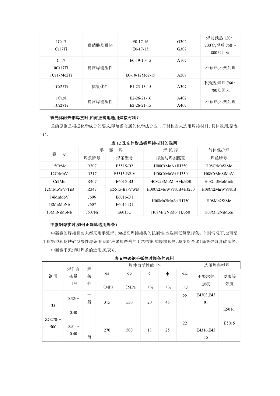 常用母材和焊材选用表