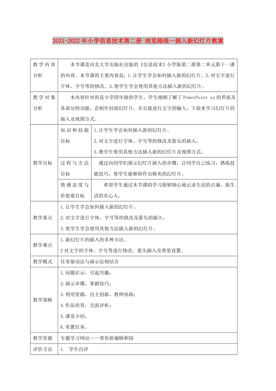 2021-2022年小學(xué)信息技術(shù)第二冊 瀏覽路線—插入新幻燈片教案_第1頁