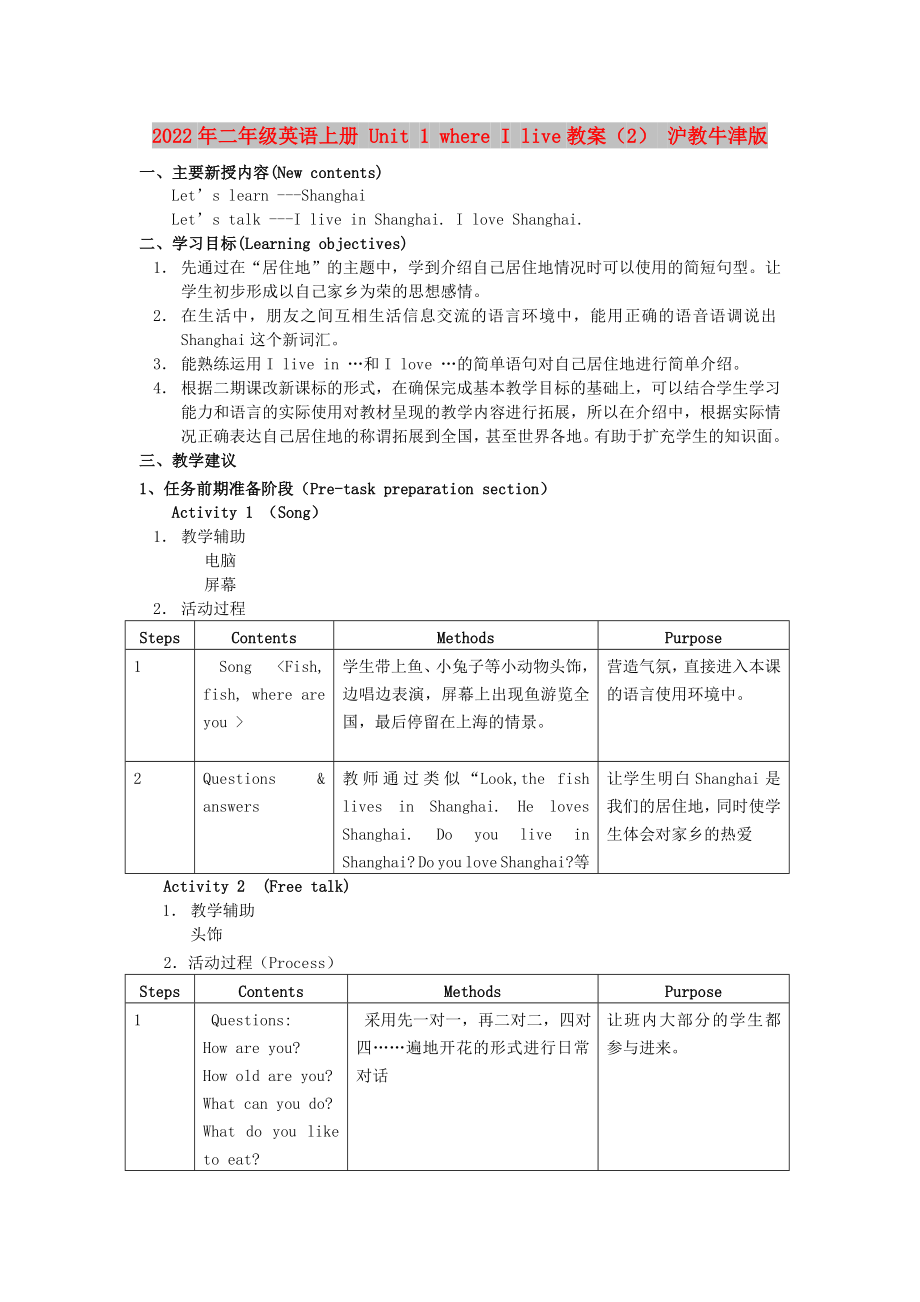 2022年二年級(jí)英語上冊(cè) Unit 1 where I live教案（2） 滬教牛津版_第1頁